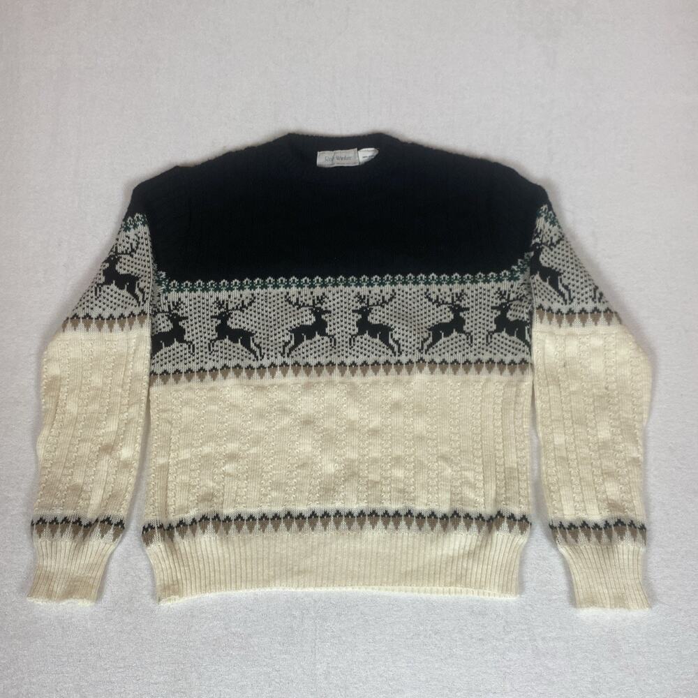 Vintage 90s Rob Winter Reindeer Fair Isle Striped Cable Chunky Knit Sweater